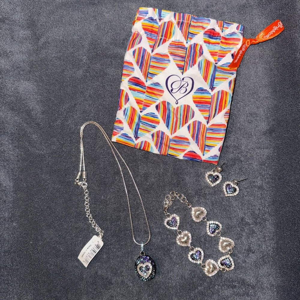 Brighton Surrender Purple & Blue Heart Necklace Set w/ Brighton Bag